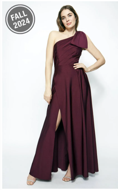 evening dress with one shoulder and oversized bow